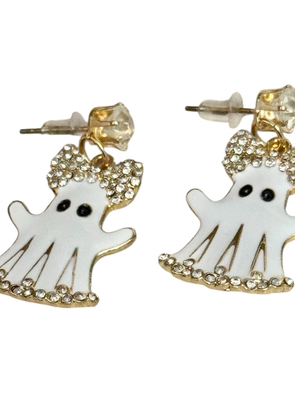 NWT Gold-Tone White Ghost Drop Pierced Earrings with Crystal Bow